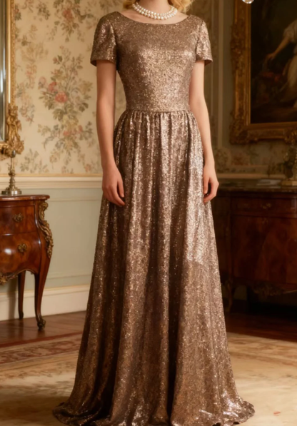 Vintage Crew Neck Sequin Long Prom Dress Evening Gown SP851