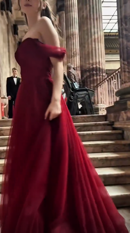 Elegant Off The Shoulder Tulle Long Wedding Guest Dress Burgundy Long Party Dress SP3737
