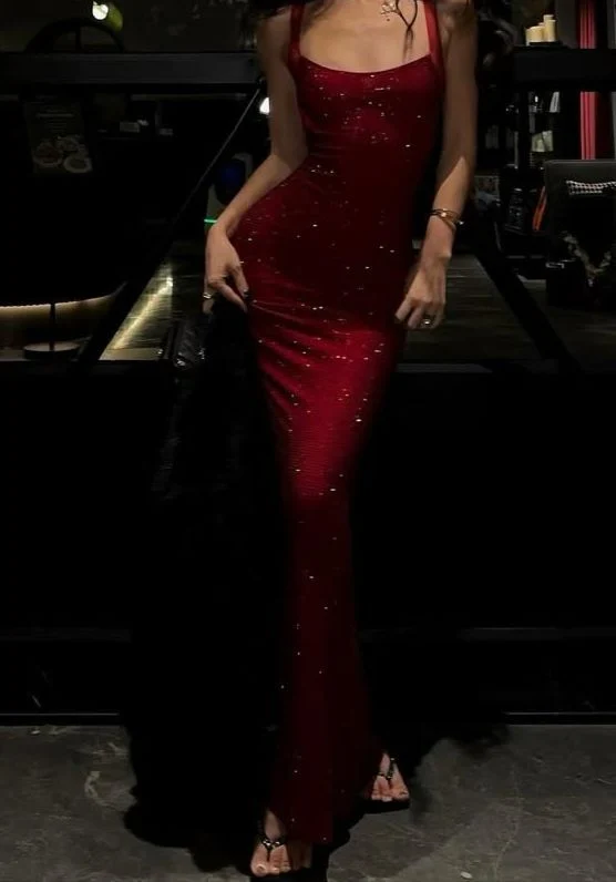 Shiny Burgundy Satin Sequin Mermaid Long Party Dress SP4119