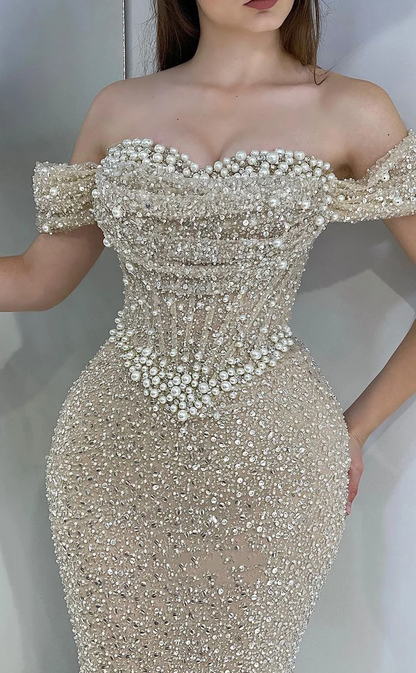 Elegant Light Champagne Mermaid Party Dress Off The Shoulder Beaded Long Evening Gowns SP4197
