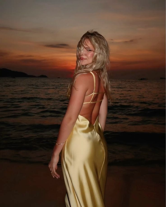 Sexy Spaghetti Straps V Neck Yellow Backless Long Evening Gown Guest Dress SP257