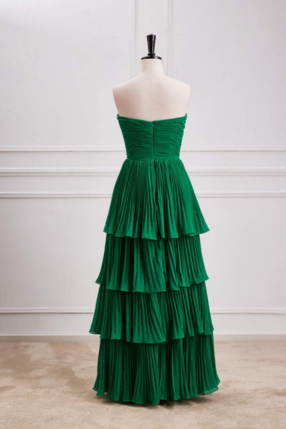 Green Strapless Ruffle Multi-Layer Long Prom Dress Y7373