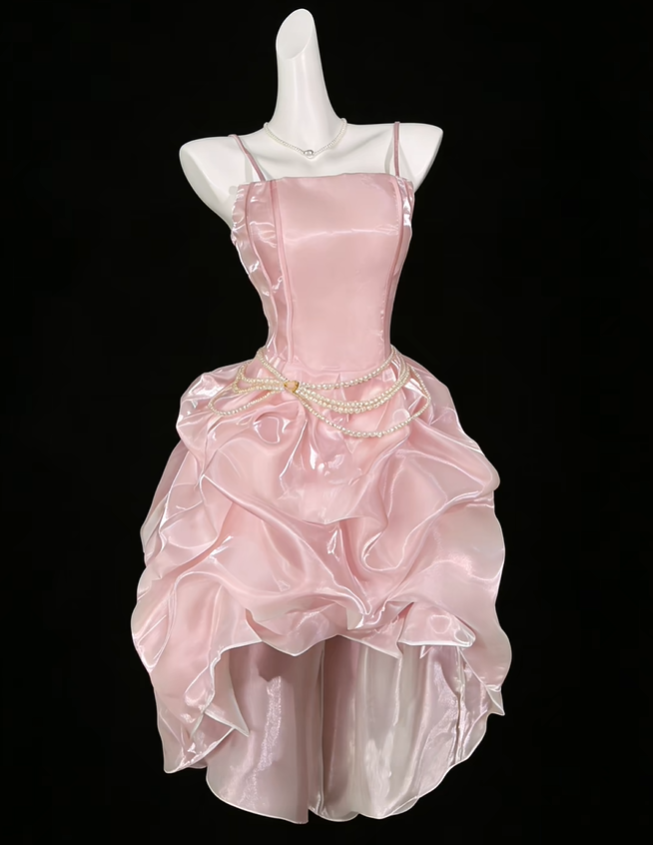 Charming Pink Satin Organza Short Graduation Homecoming Dress,Spaghetti Straps Short Prom Gown SP3531