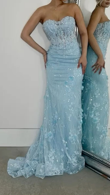 Sparkly Light Blue Mermaid Tulle Appliques Evening Gown Formal Prom Dress Y7871