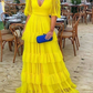 Yellow Mesh Sweet Ruffle Maxi Dress,Yellow A-line Prom Dress Y6228