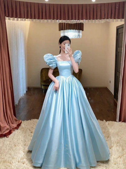 Light Blue Satin Long Prom Dress, A Line Princess Dress Y4967