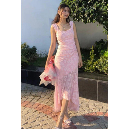 Pretty Pink Pleated Pink Floral Mermaid Evening Dress Long Wedding Guest Dress SP1061