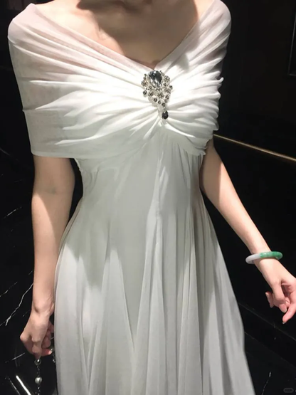 Elegant White Off The Shoulder Chiffon A Line Long Birthday Dress Evening Dress SP2295