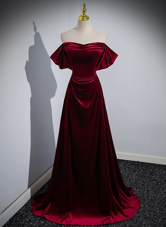 Wine Red Velvet Off Shoulder A-line Long Party Dress, Floor Length Prom Dress Y6605