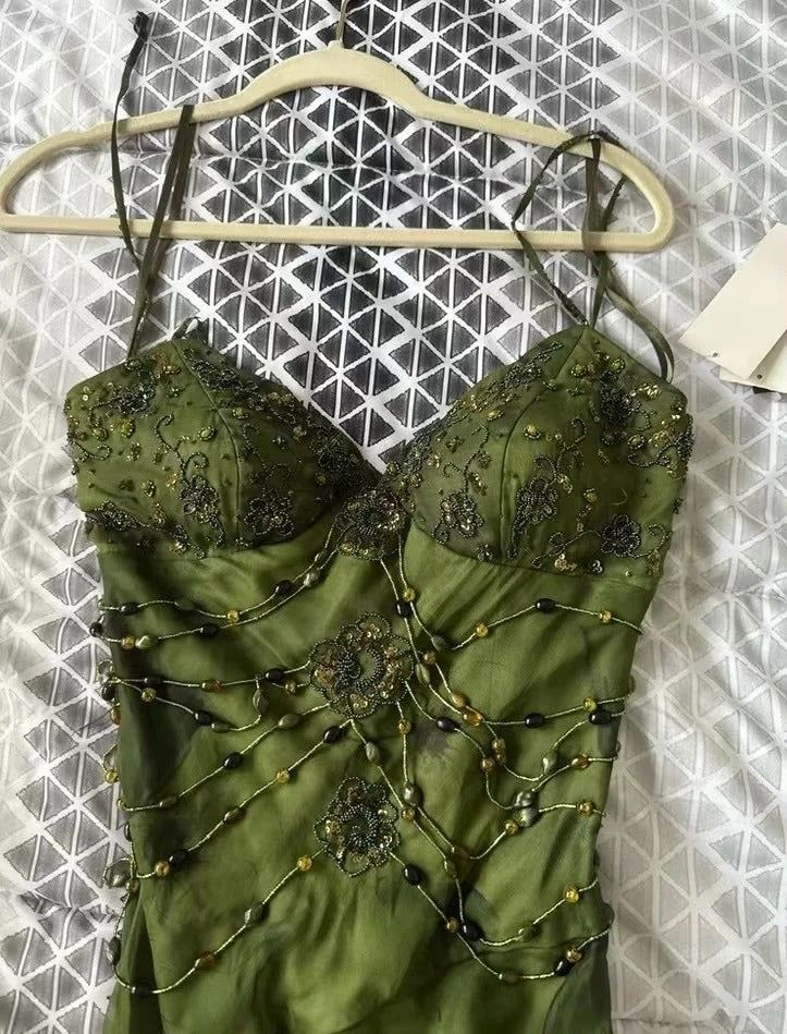 Vintage Spaghetti Straps Green Chiffon Beaded Mermaid Slit Long Prom Dress Birthday Evening Gown SP1811