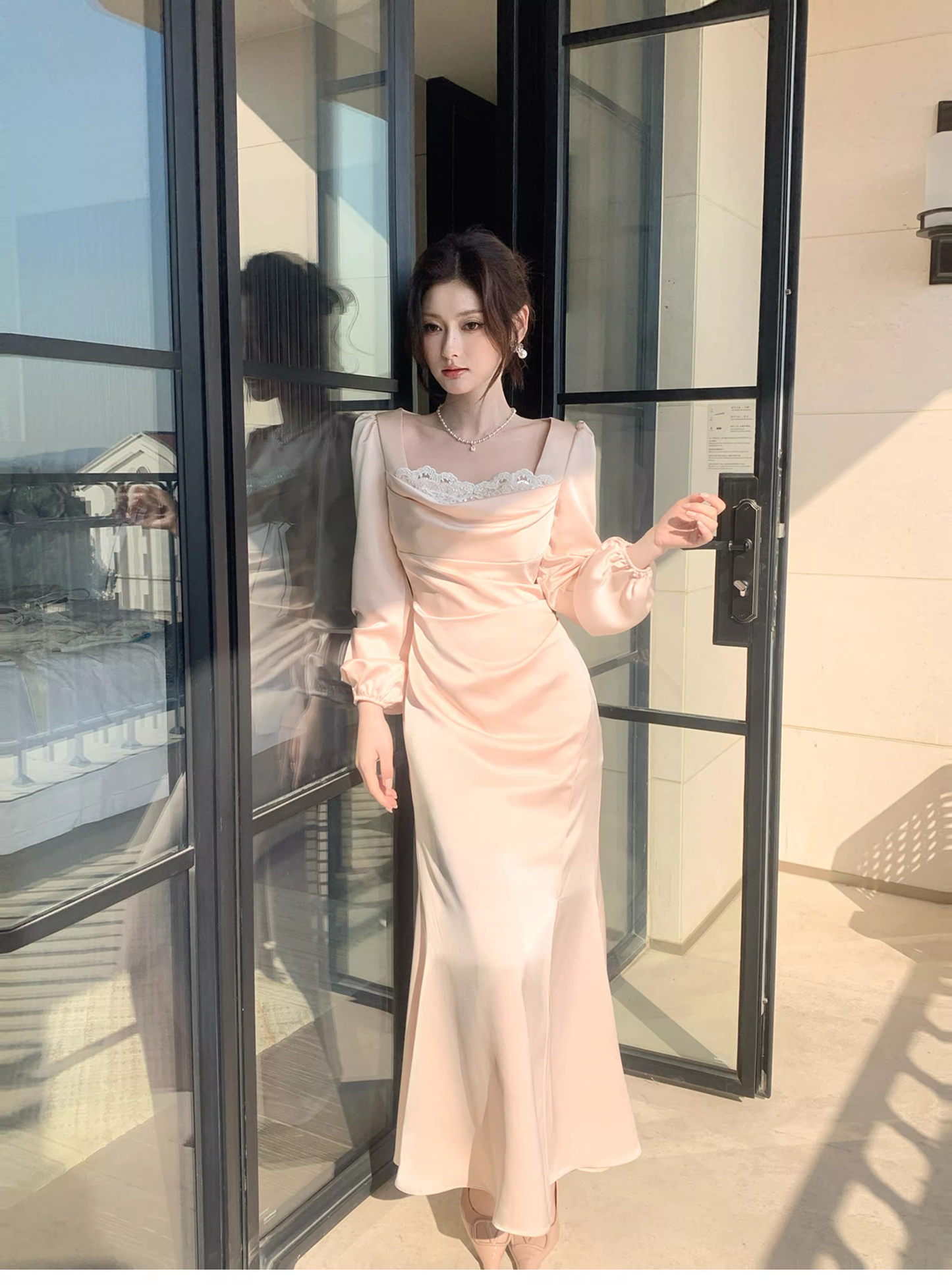 Sweet Lace Neck Pink Satin Mermaid Long Wedding Dress Formal Evening Dress Birthday Dress SP1541