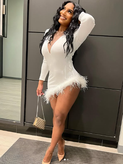 Solid Plunge Fluffy Irregular Party Dress White Dresses Sexy White Homecoming Dress Y332