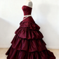 Elegant Strapless Burgundy Satin Pleated Layered Long Party Dress Prom Dresses SP1339