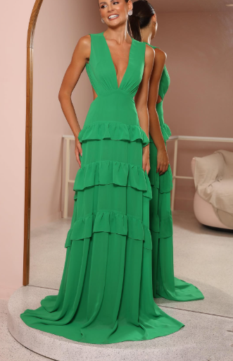Emerald Green Deep V Neck Layered Ruffles Evening Dress,Backless Long Prom Dress Y8386