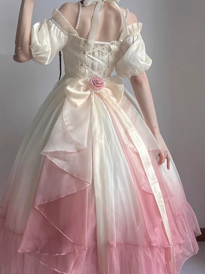 Roses Flowers Masquerade Prom Dress Pink Gradient Floral Wedding Dress Vintage Princess Dress with Pearls Y2401