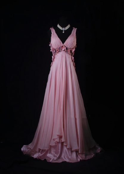 Fairy Pink V Neck Chiffon Beaded Mermaid Long Evening Dress 18th Birthday Outfits With Appliques SP1700