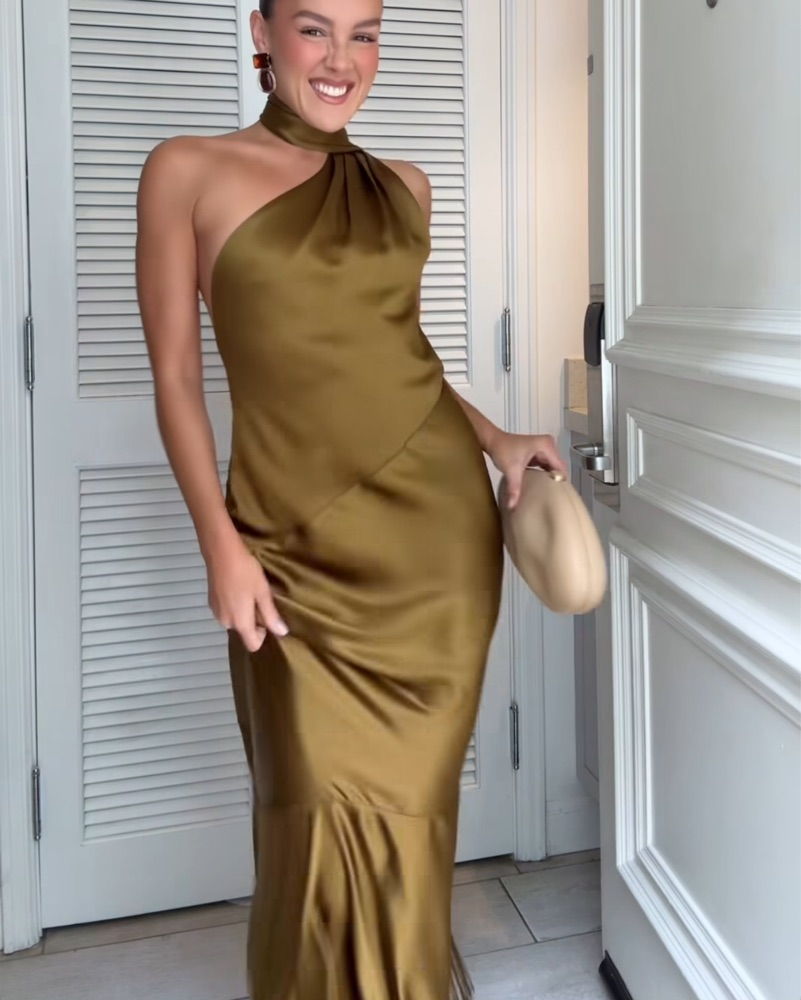 Sexy Olive Green Halter Satin Mermaid Evening Dress Backless Long Wedding Guest Dress SP1100
