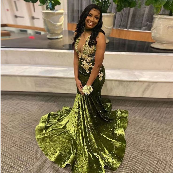 African Prom Dress For Black Girl Velvet Appliques Deep V Neck
