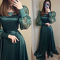 Modest Dark Green Satin Evening Dress Long Puff Sleeves Organza Square Neck Formal Prom Party Gowns Y4872