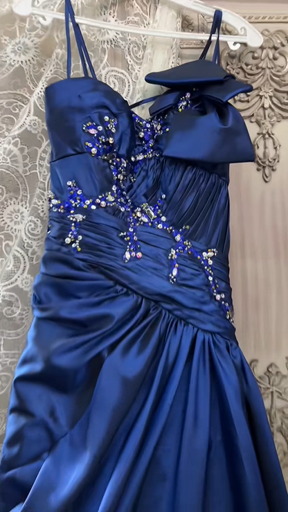 Pretty Spaghetti Straps Navy Blue Satin Beaded Mermaid Long Party Dress Evening Dress SP2155