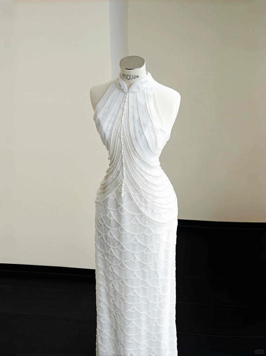 Classy White  Sequins Pearls Chain Sheath Long Prom Dress Evening Dress Y8670