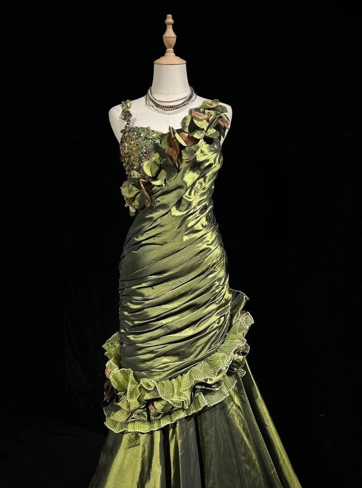 Vintage Dark Green Irregular Neckline Satin Beaded Evening Dress,Ruched Mermaid Prom Dress Y8560