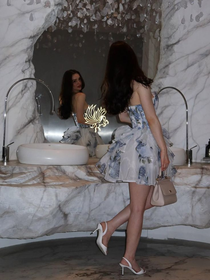 Pretty Strapless Organza Printed Floral Ruffle A Line Short Birthday Dress Homecoming Dress SP2304