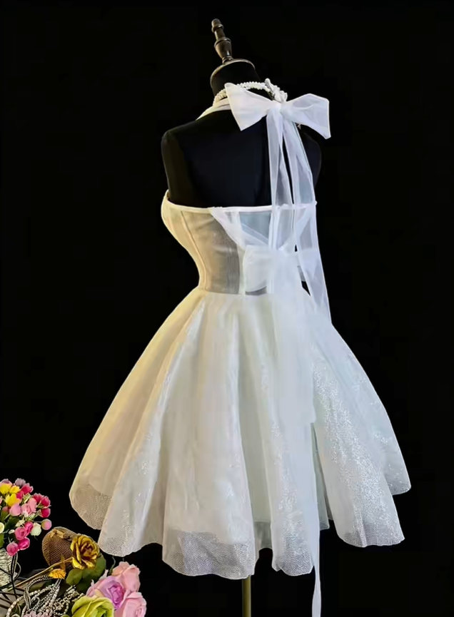 Shiny Bow Straps Sequin A Line Short Cocktail Dress White Short 6th Grade Homecoming Dress SP2371