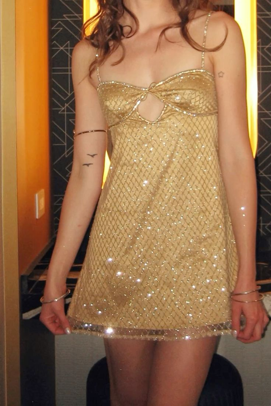 Sparkly Spaghetti Straps Gold Sequin Short Cocktail Dress Formal Short 6th Grade Homecoming Dress Y9244