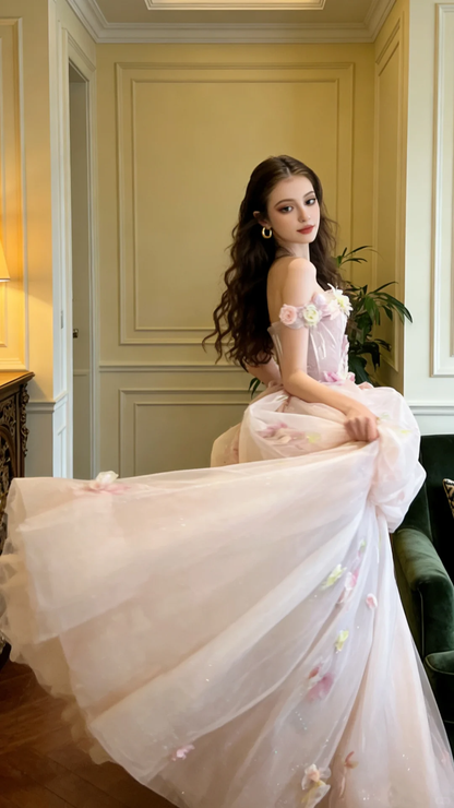 Pretty Pink Off The Shoulder Tulle Appliques Long Party Dress Birthday Dress SP2055