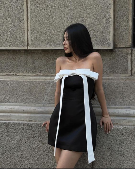 Stylish A Line Strapless Black Satin Cocktail Dress Short Homecoming Dress Y9454