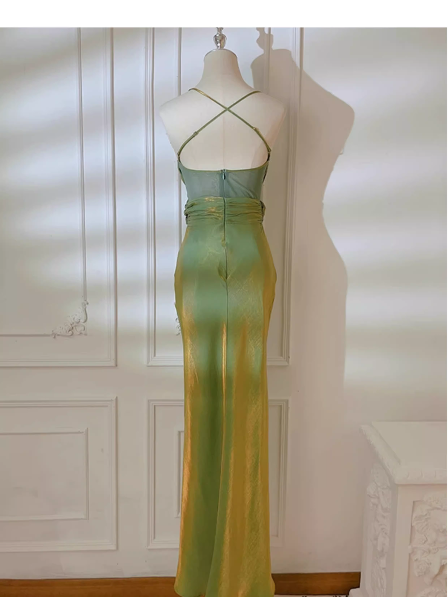 Elegant Green Spaghetti Straps Satin Mermaid Long Party Dress Formal Wedding Guest Dress SP1980