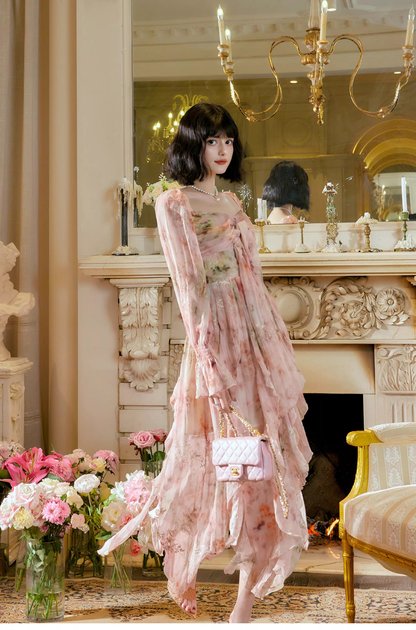 Glamorous Pink Chiffon Print Floral Long Birthday Party Dress Prom Gowns SP2010