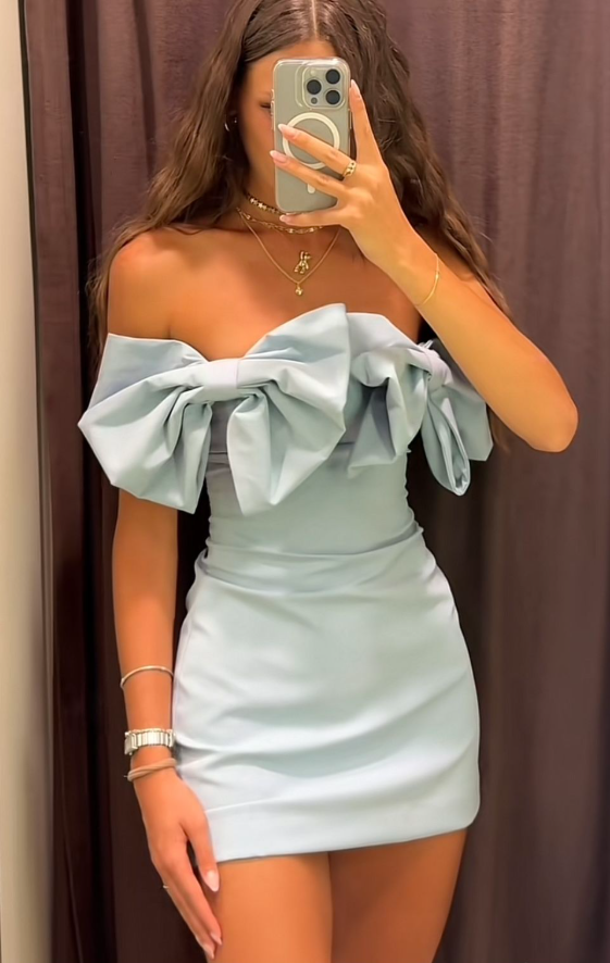 Cute Bow Strapless Satin Sheath Cocktail Dress,Blue Short Graduation Homecoming Dress SP3152