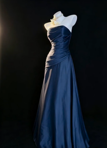 Fashion Strapless Satin Pleated Long Party Dress,Navy Blue A Line Long Prom Gown SP2762