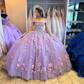 Lavender Applique Off Shoulder Shiny Elegant Tulle Ball Gown 3D Flowers Princess Dress Sweet 15th Y285