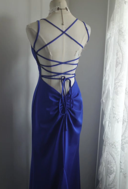 Sexy Spaghetti Straps Royal Blue Backless Satin Long Wedding Guest Dress Party Gown SP753