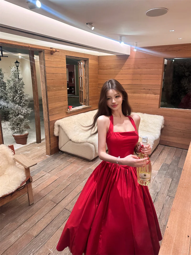 Charming Halter A Line Satin Long Prom Dress Red Evening Dress Birthday Dress SP2297
