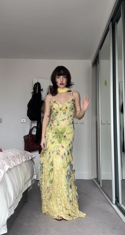 Charming Spaghetti Straps Yellow Chiffon Print Floral Beaded Mermaid Prom Dress Long Party Gown With Ribbon SP815