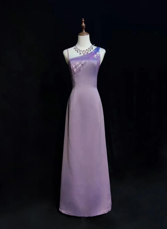 Classy Purple Satin Sequin A Line Long Wedding Guest Dress Formal Birthday Party Dress SP1854