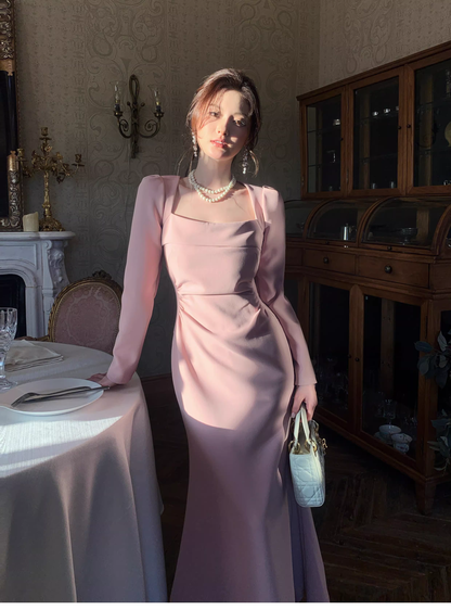 Pretty Red Satin Pleated Mermaid Formal Wedding Guest Dress Long Evening Dress SP1654