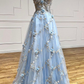 Blue Tulle Appliques Long Prom Dress, A-Line Strapless Evening Dress Y6565