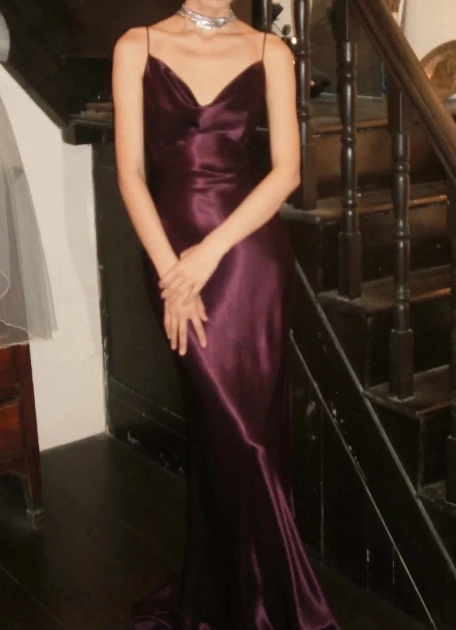 Vintage Satin Spaghetti Straps Long Wedding Guest Dress Burgundy Long Evening Dress Prom Gown SP3917