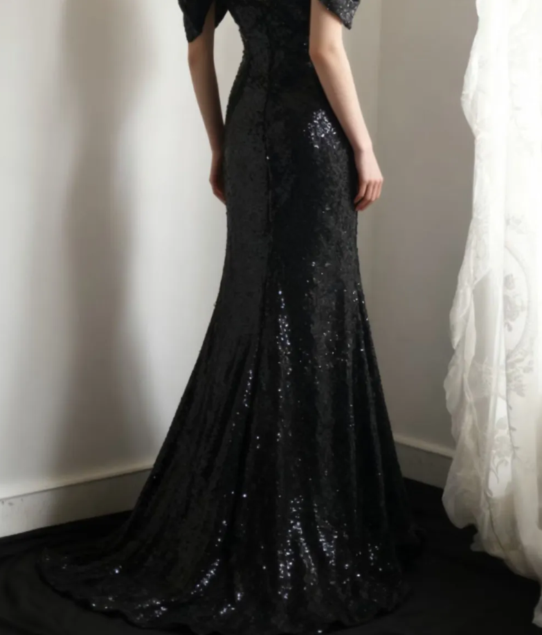 Sparkly Spaghetti Straps Black Sequin Mermaid Long Wedding Guest Dress Evening Gown SP1173