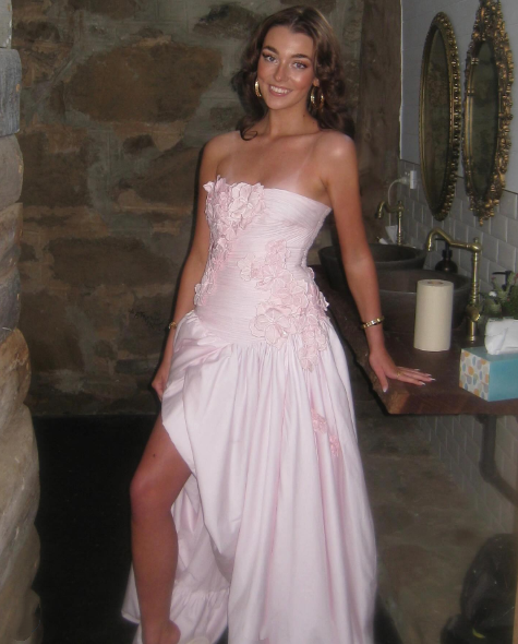 Glamorous Strapless Pink Satin Pleated Appliques Slit Evening Dress Long Prom Dress SP1063