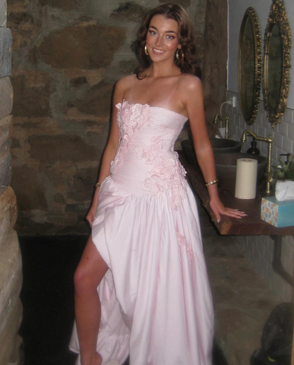 Glamorous Strapless Pink Satin Pleated Appliques Slit Evening Dress Long Prom Dress SP1063