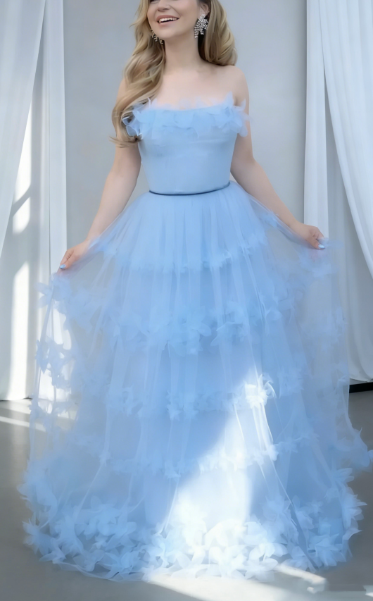 Sweet Light Blue Strapless Tulle Pleated Long Party Dress Birthday Prom Dresses SP2077