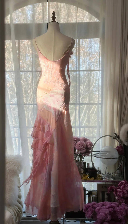 Pretty Pink Chiffon Beaded Mermaid Prom Dress Long Evening Dress Y8425