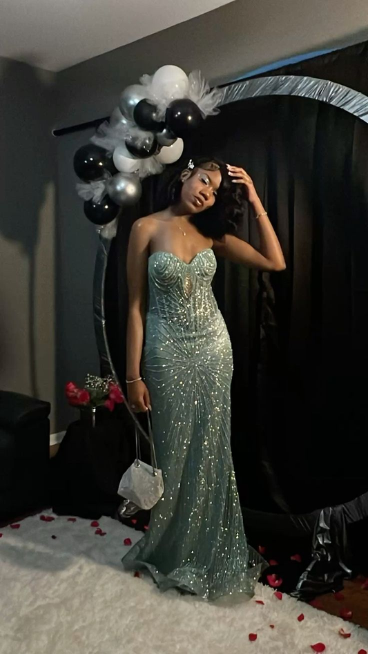 Shiny Green Strapless Satin Tulle Beaded Mermaid Long Party Dress Prom Gown SP3724