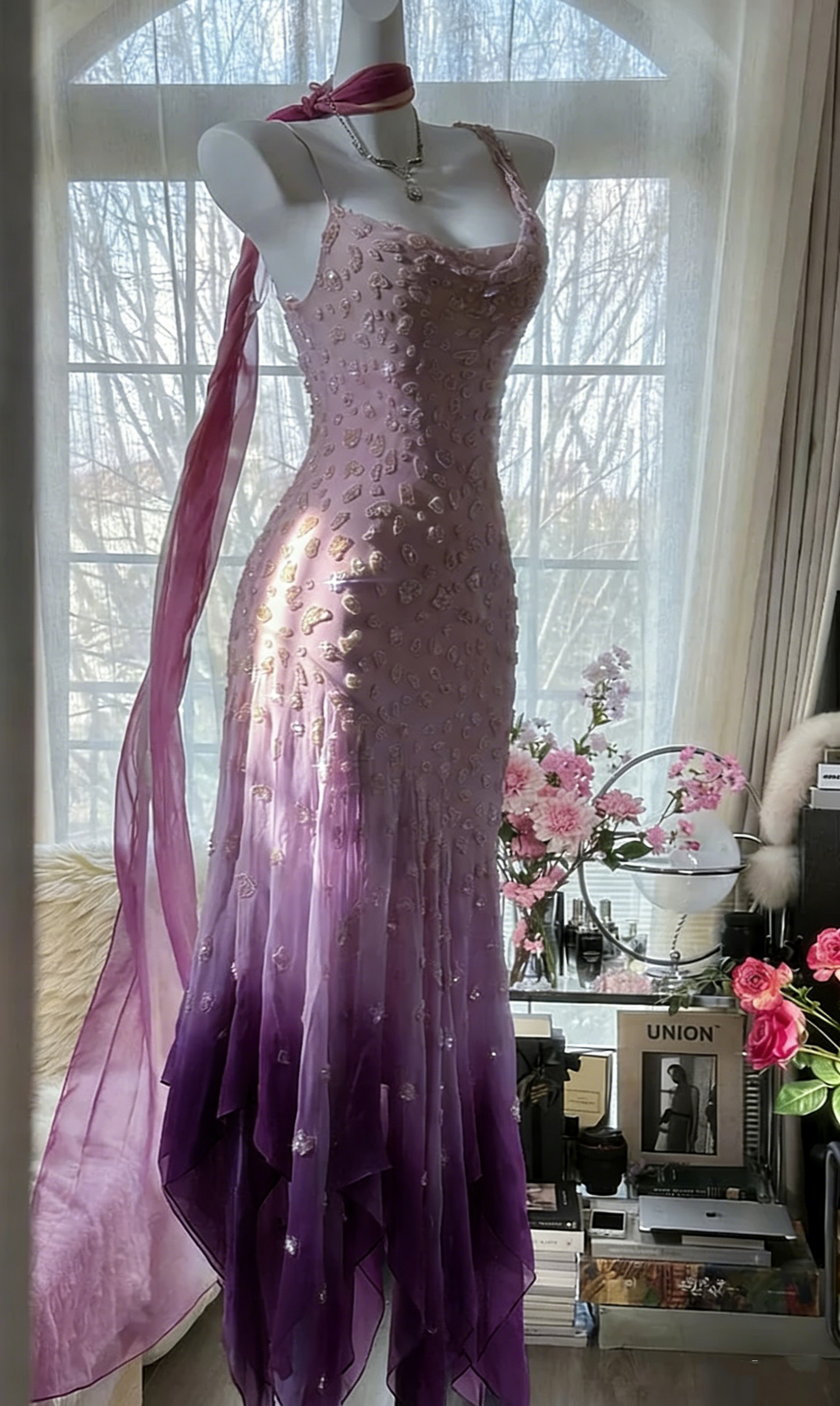 Vintage Pink Chiffon Beaded Mermaid Evening Dress Prom Dress Y8788
